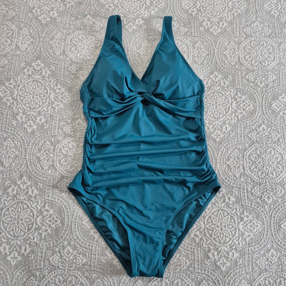Holipick Women Teal Blue Ruched Twist Front One Piece Swimsuit Size L